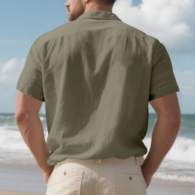 Men's Cotton Linen Short-Sleeved Shirt Summer Solid Color
