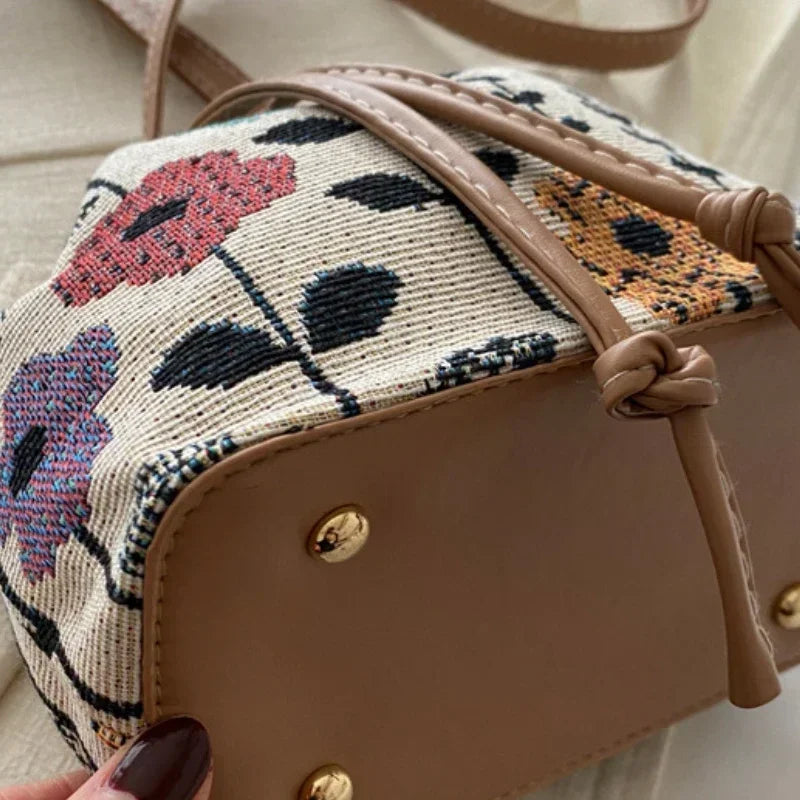 Fashion Linen Fabric Bucket Bag Floral Crossbody Bag