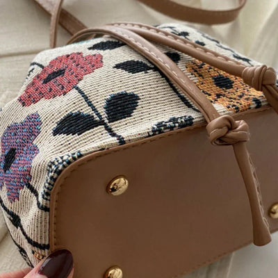 Fashion Linen Fabric Bucket Bag Floral Crossbody Bag