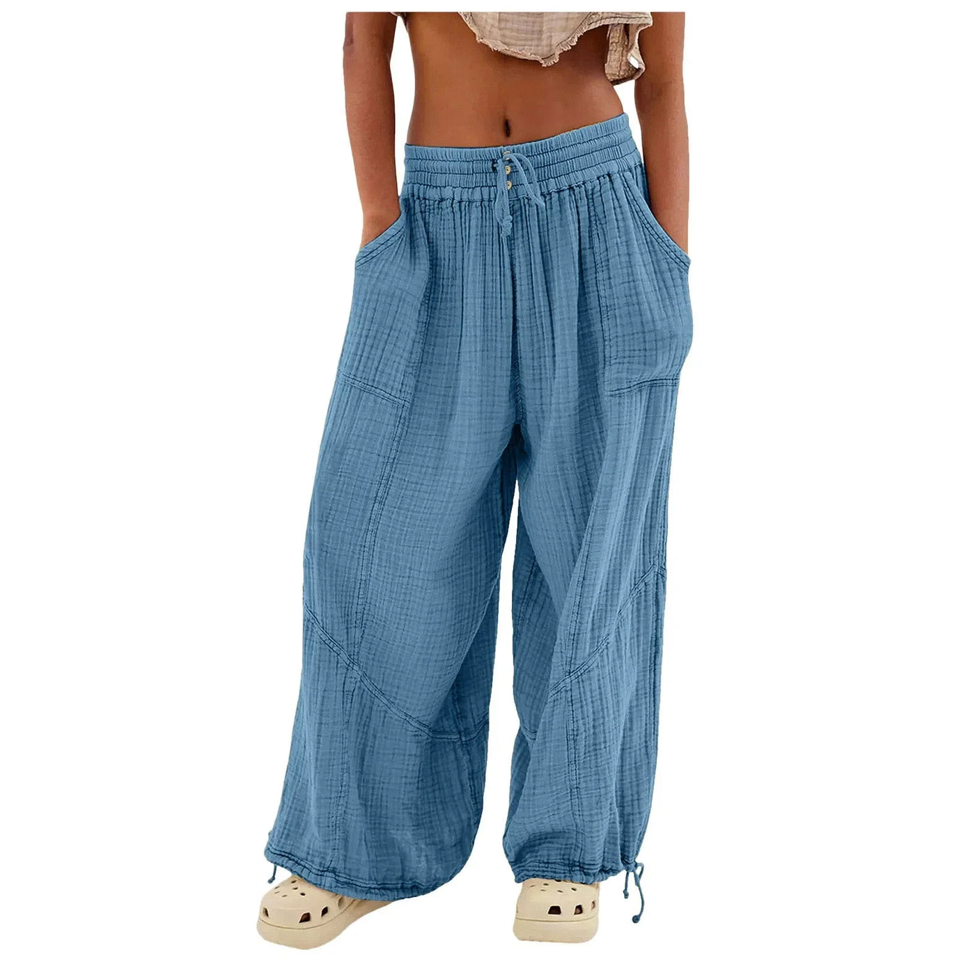 Beach Linen Pants Women Wide Leg Harem Pant High Waist Button Drawstring Palazzo Loose plus Size Pant with Pocket