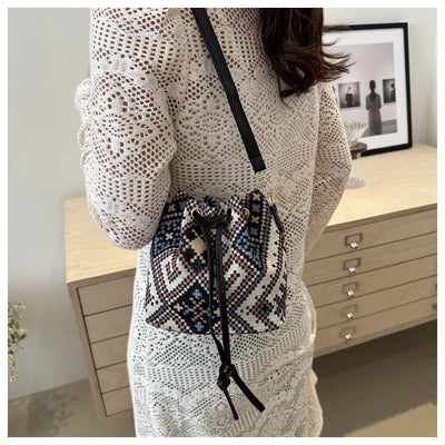 Fashion Linen Fabric Bucket Bag Floral Crossbody Bag