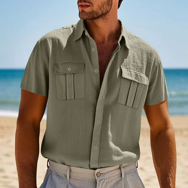 Men's Cotton Linen Short-Sleeved Shirt Summer Solid Color