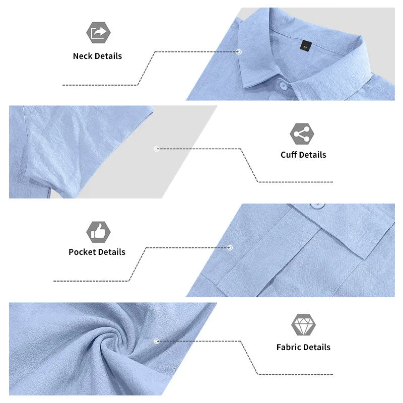 Men's Cotton Linen Short-Sleeved Shirt Summer Solid Color
