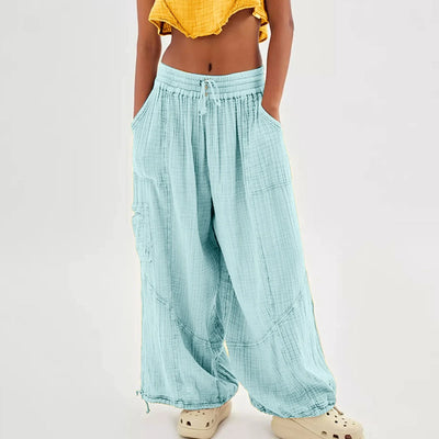 Beach Linen Pants Women Wide Leg Harem Pant High Waist Button Drawstring Palazzo Loose plus Size Pant with Pocket