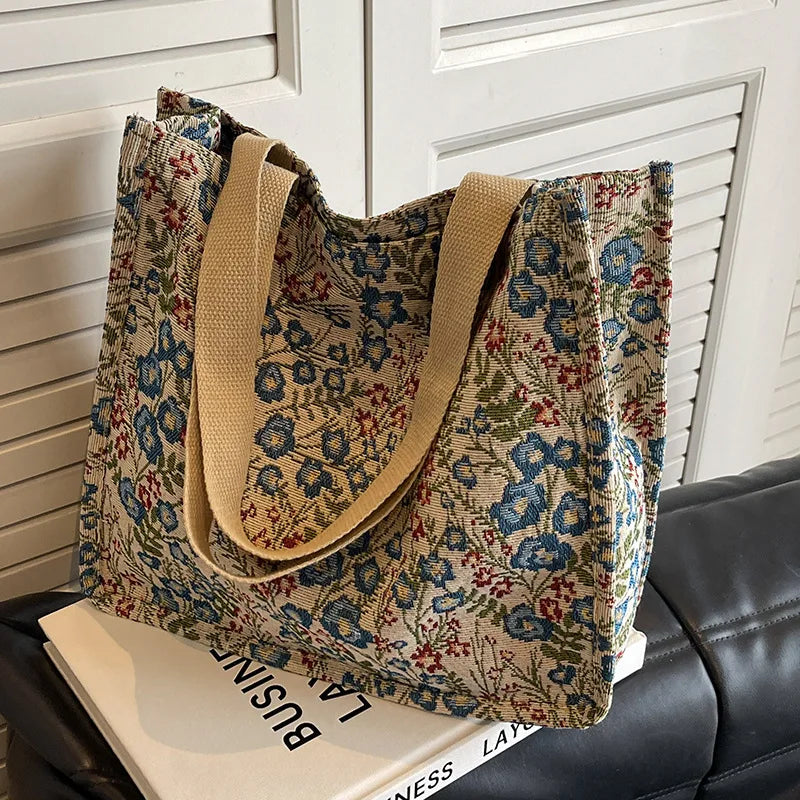 Ladies Shopping Bag Flower Pattern Flax Tote Bag