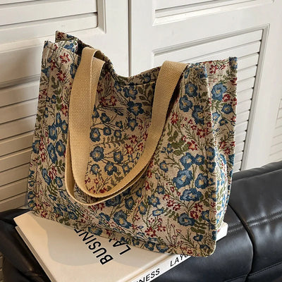 Ladies Shopping Bag Flower Pattern Flax Tote Bag