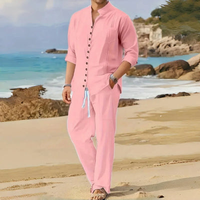 Men's Retro Cotton And Linen Set Long Pants