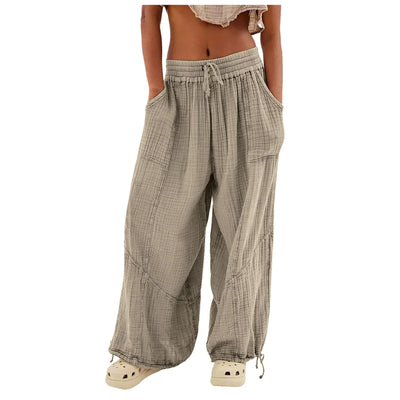 Beach Linen Pants Women Wide Leg Harem Pant High Waist Button Drawstring Palazzo Loose plus Size Pant with Pocket
