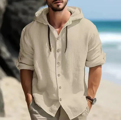 Summer Men's Linen Shirt Solid Streetwear Long Sleeve Hoodie Cardigan Clothing For Men Button Tops Casual Loose Men Hooded Shirt