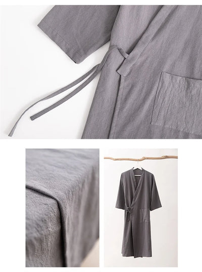 Women's Kimono with Sashes Cotton Linen Solid Long Sleeve Autumn Bathrobe V Neck Japanese Style Bathrobe Loose Solid Color