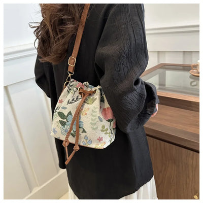 Fashion Linen Fabric Bucket Bag Floral Crossbody Bag
