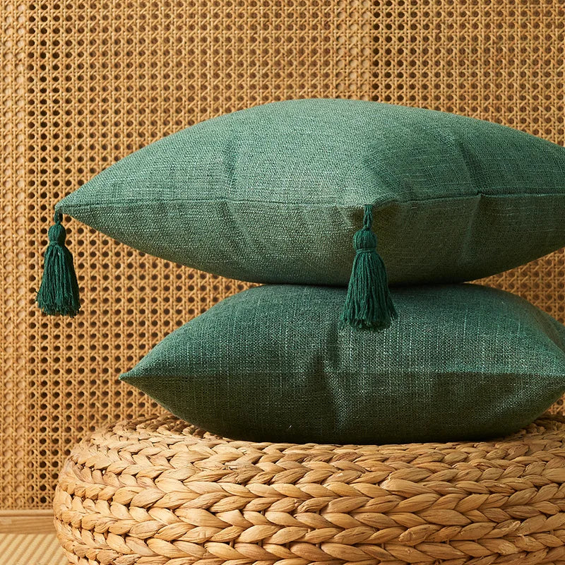 Embroidered Leaves Linen-Effect Cushion Cover