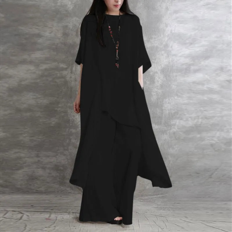 Women Cotton Linen Pant Sets 2 Pieces Casual Half Sleeve Solid Loose Blouse&High Elastic Waist Wide Leg Full Trousers Suits