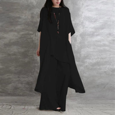 Women Cotton Linen Pant Sets 2 Pieces Casual Half Sleeve Solid Loose Blouse&High Elastic Waist Wide Leg Full Trousers Suits