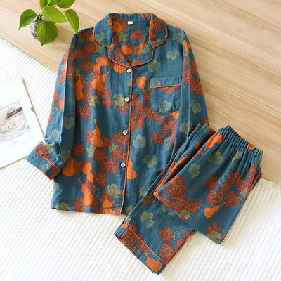 Japanese Spring and Autumn New Women's Pajama Set 100% Cotton Vintage Long Sleeved Pants Two Piece Set for Home Furnishings