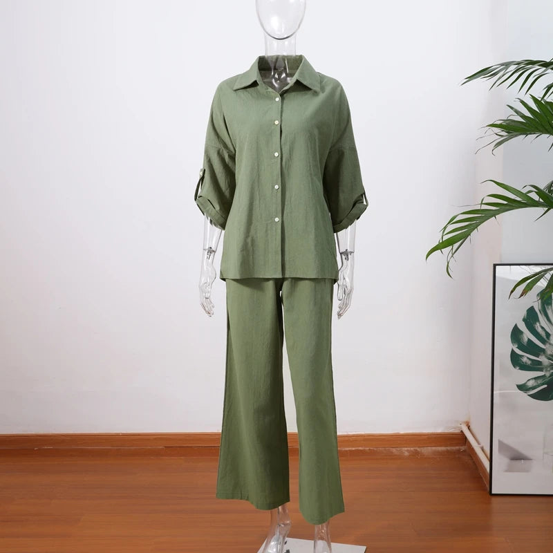 Cotton Linen Oversize Two Piece Ladies Set Casual Lapel Female Shirt Suits Wide Leg Pant Spring New In Matching Women Outfits