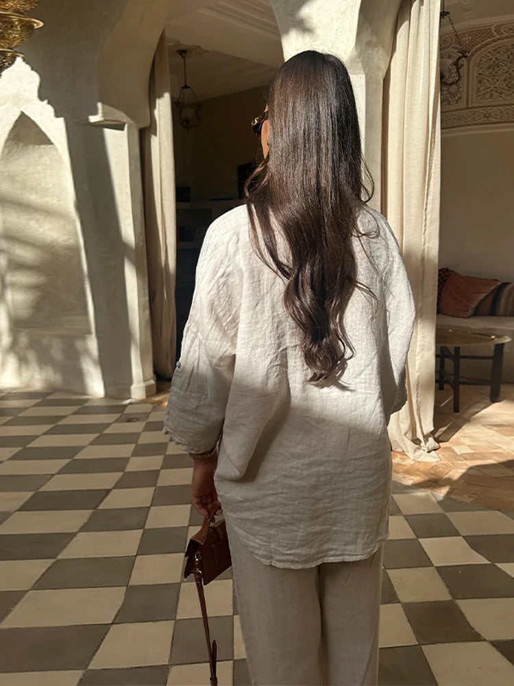 Cotton Linen Oversize Two Piece Ladies Set Casual Lapel Female Shirt Suits Wide Leg Pant Spring New In Matching Women Outfits