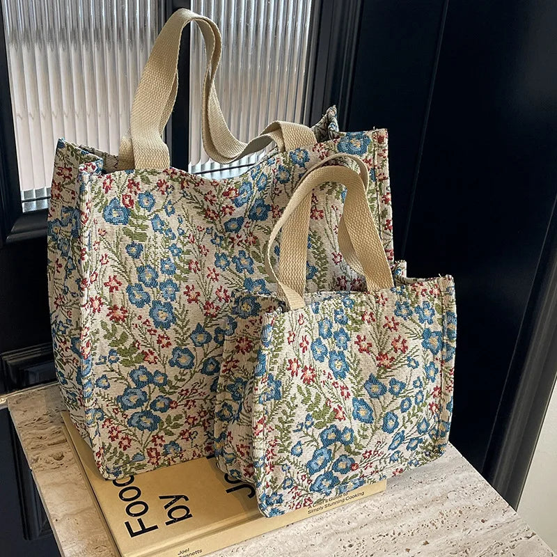 Ladies Shopping Bag Flower Pattern Flax Tote Bag
