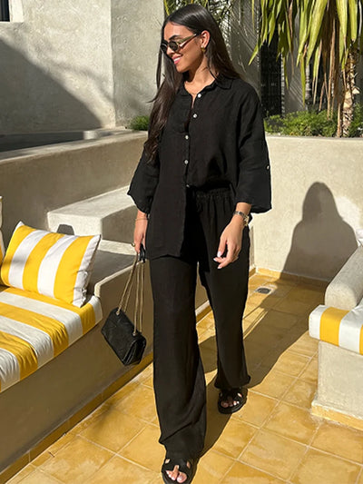 Cotton Linen Oversize Two Piece Ladies Set Casual Lapel Female Shirt Suits Wide Leg Pant Spring New In Matching Women Outfits