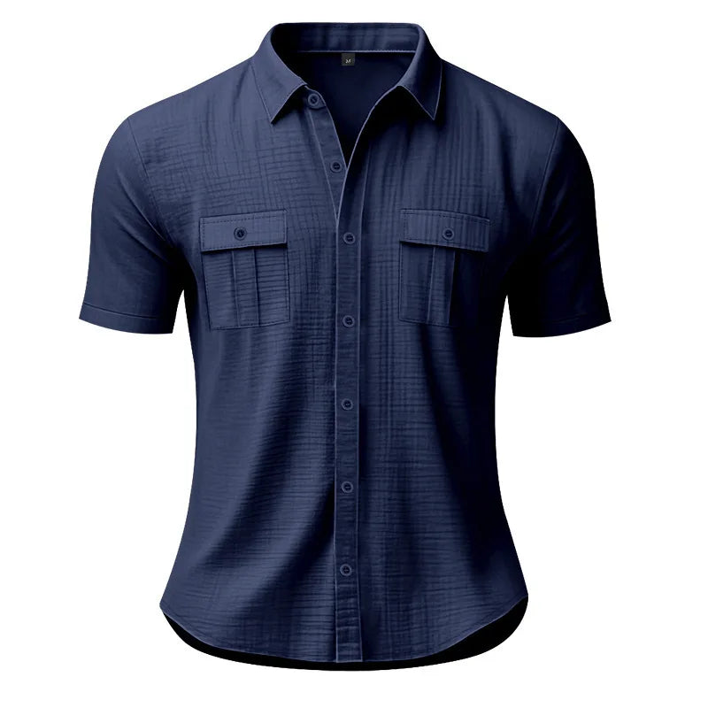 Men's Cotton Linen Short-Sleeved Shirt Summer Solid Color