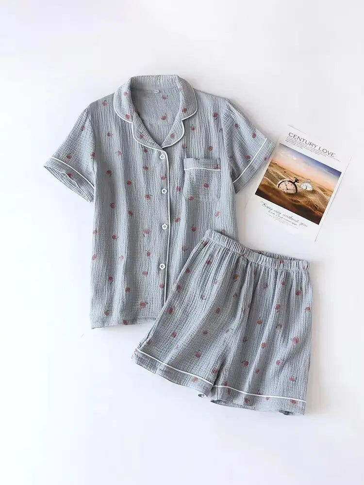 2025 Summer Ladies Short-sleeved Shorts Pajamas Set 100% Cotton Crepe Cloth Thin Home Service Two-piece Spring And Autumn Loose