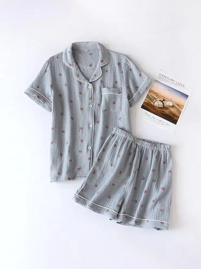 2025 Summer Ladies Short-sleeved Shorts Pajamas Set 100% Cotton Crepe Cloth Thin Home Service Two-piece Spring And Autumn Loose