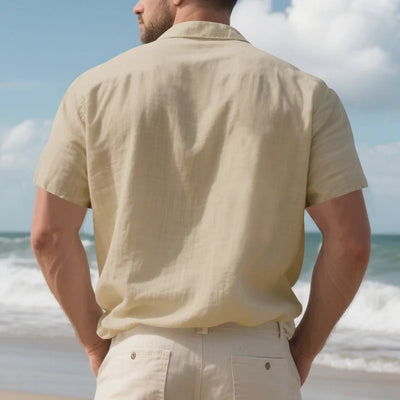 Men's Cotton Linen Short-Sleeved Shirt Summer Solid Color