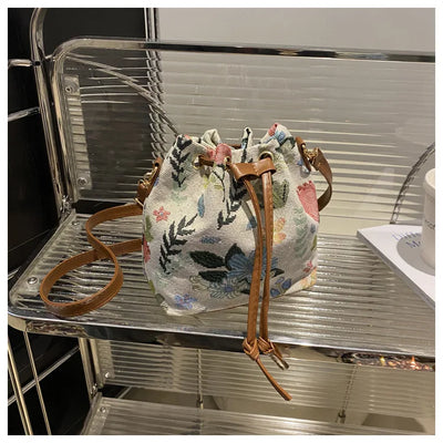 Fashion Linen Fabric Bucket Bag Floral Crossbody Bag