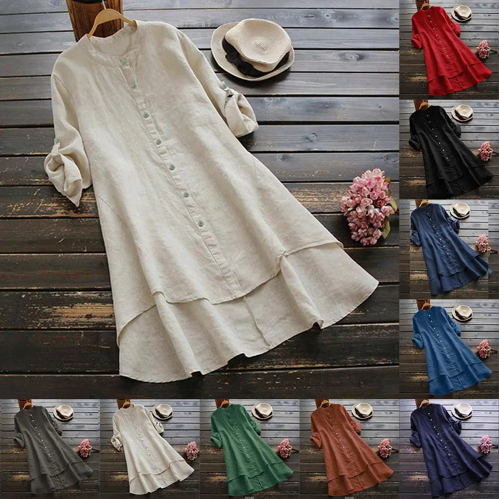 Women's Spring Solid Cotton Linen Shirt Dress Ladies Loose Dress Long Tops Blouse Plus Size Clothes Clothing 2024