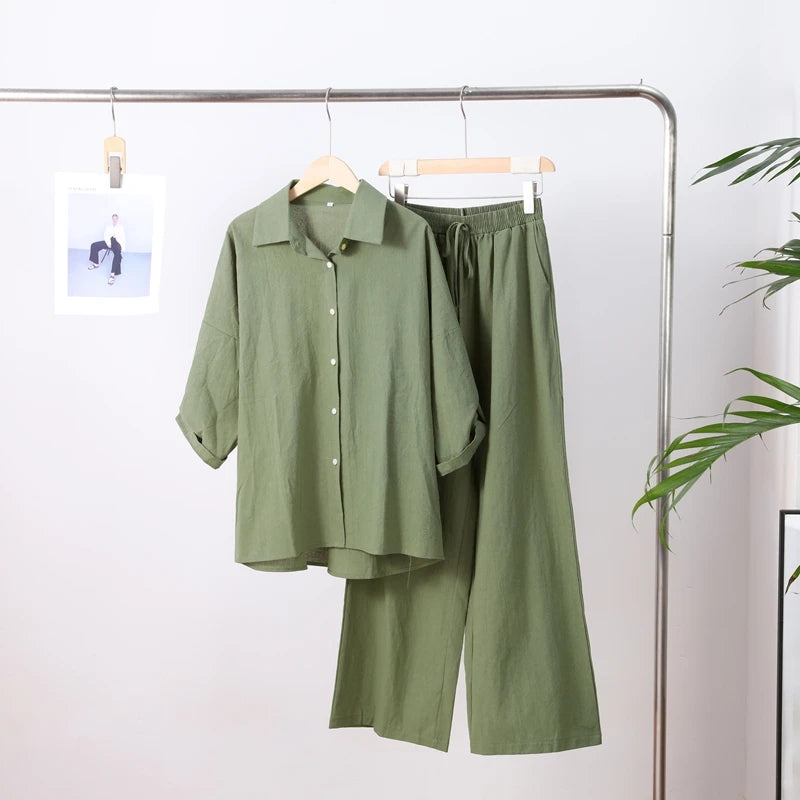 Cotton Linen Oversize Two Piece Ladies Set Casual Lapel Female Shirt Suits Wide Leg Pant Spring New In Matching Women Outfits