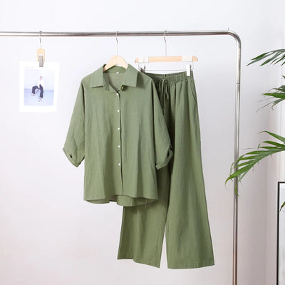 Cotton Linen Oversize Two Piece Ladies Set Casual Lapel Female Shirt Suits Wide Leg Pant Spring New In Matching Women Outfits
