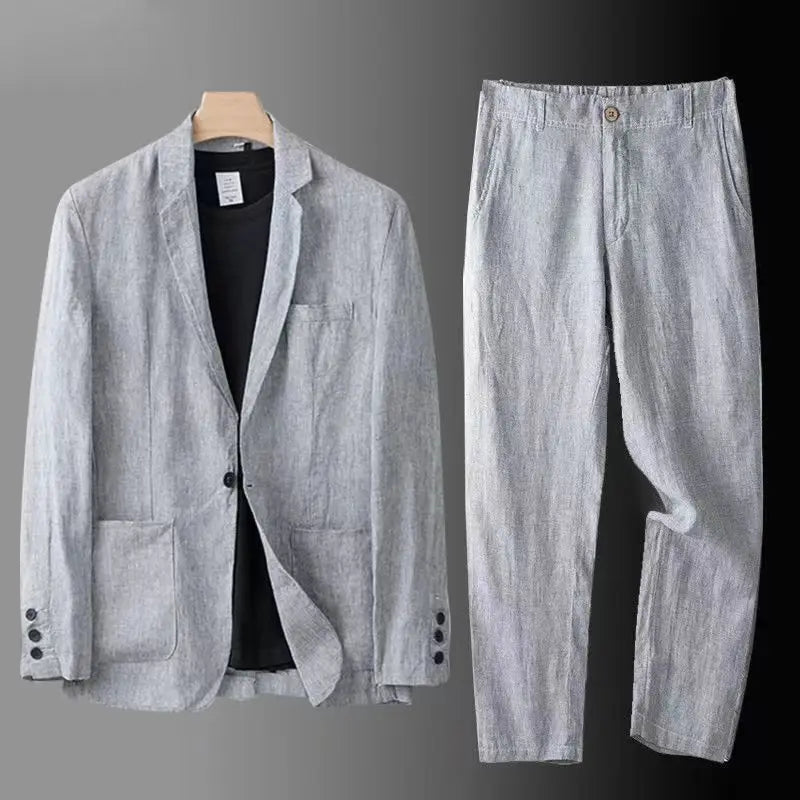 Spring Autumn Fashion Men Linen Two-piece Set Blazer Jacket