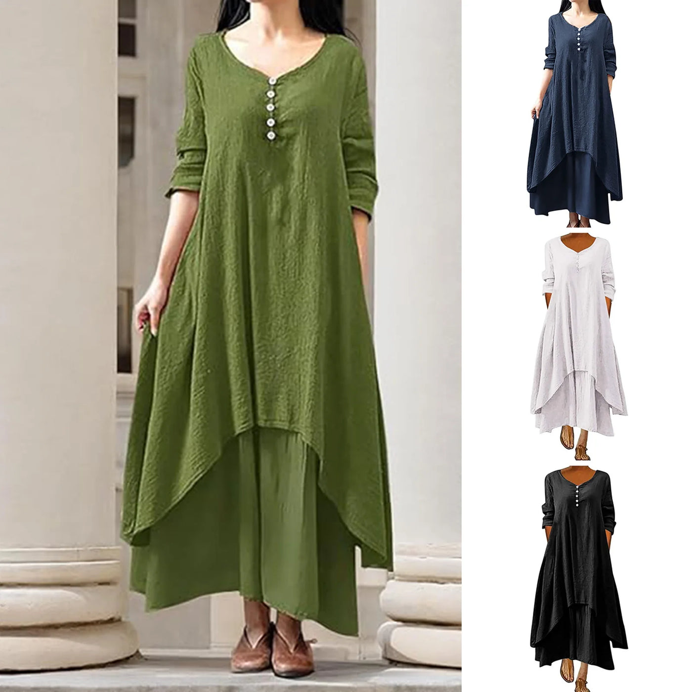 Women Elegant Linen White Dresses Bohemia Layering Vintage Robe Long Sleeve Loose Long Dress Female Autumn Vestidos