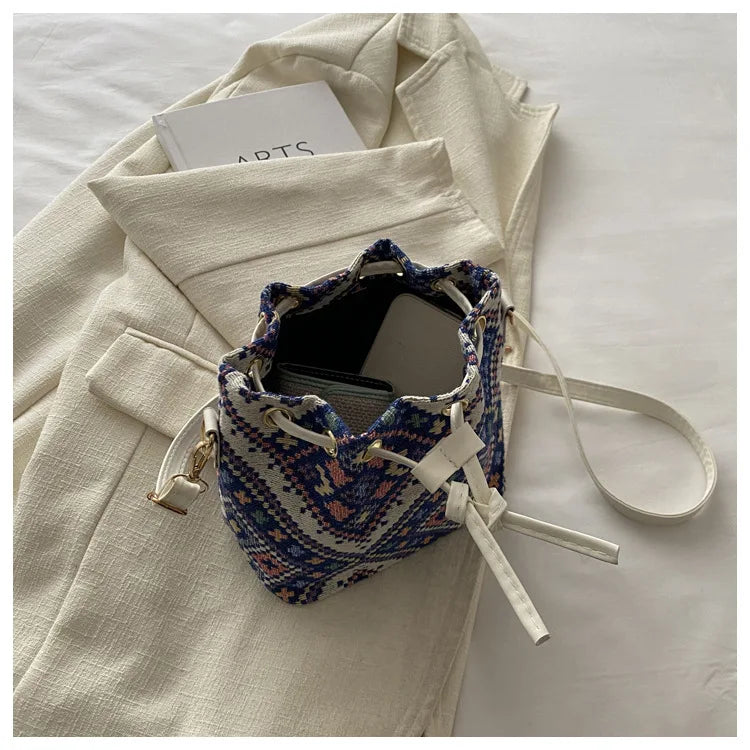 Fashion Linen Fabric Bucket Bag Floral Crossbody Bag