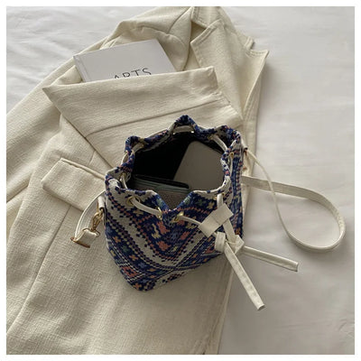 Fashion Linen Fabric Bucket Bag Floral Crossbody Bag