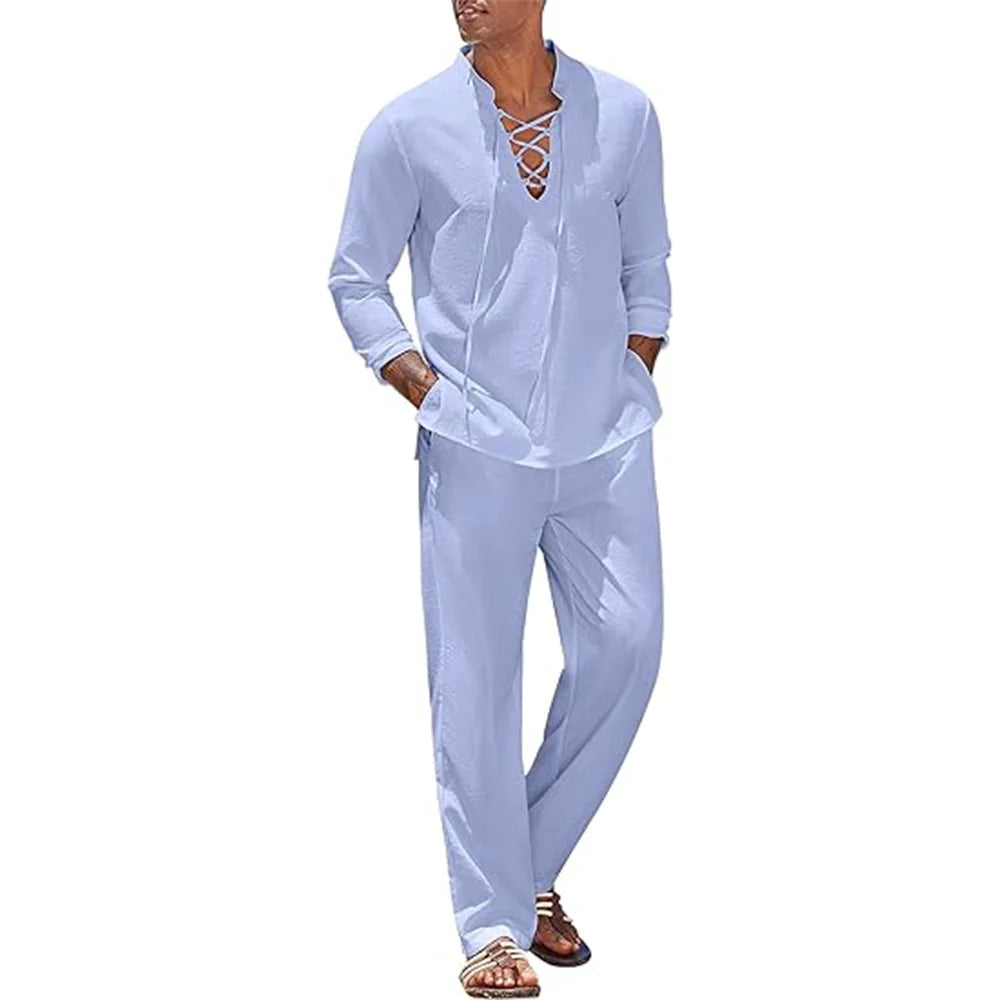 2pcs Set Men's Cotton Linen Shirt and Pants Suits