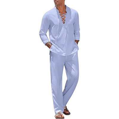 2pcs Set Men's Cotton Linen Shirt and Pants Suits