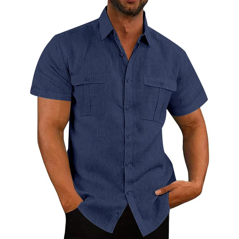 Men's Cotton Linen Short-Sleeved Shirt Summer Solid Color