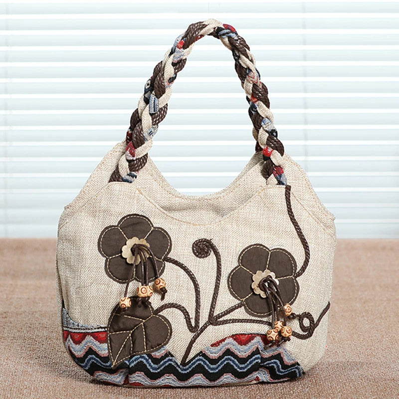 Vintage Linen Handbag for Women National Style Handle Bag