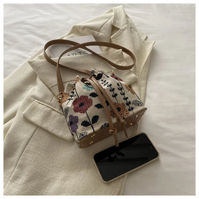 Fashion Linen Fabric Bucket Bag Floral Crossbody Bag