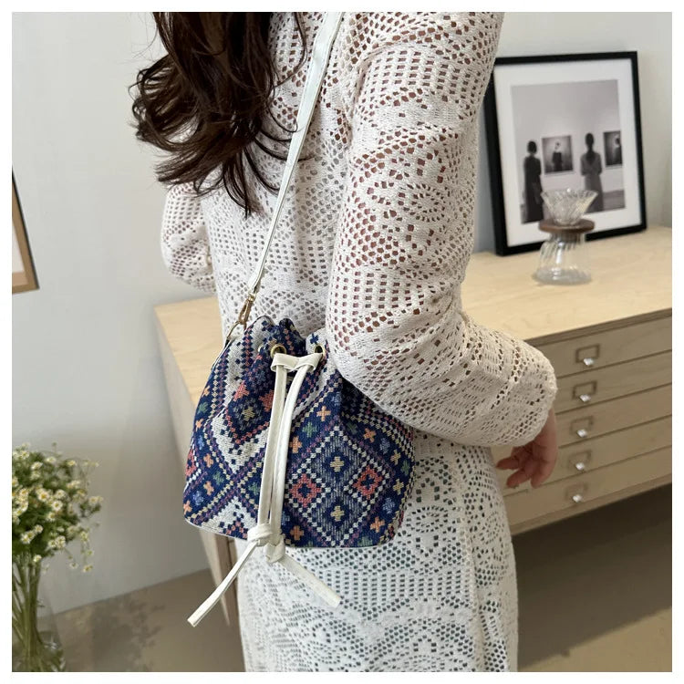 Fashion Linen Fabric Bucket Bag Floral Crossbody Bag