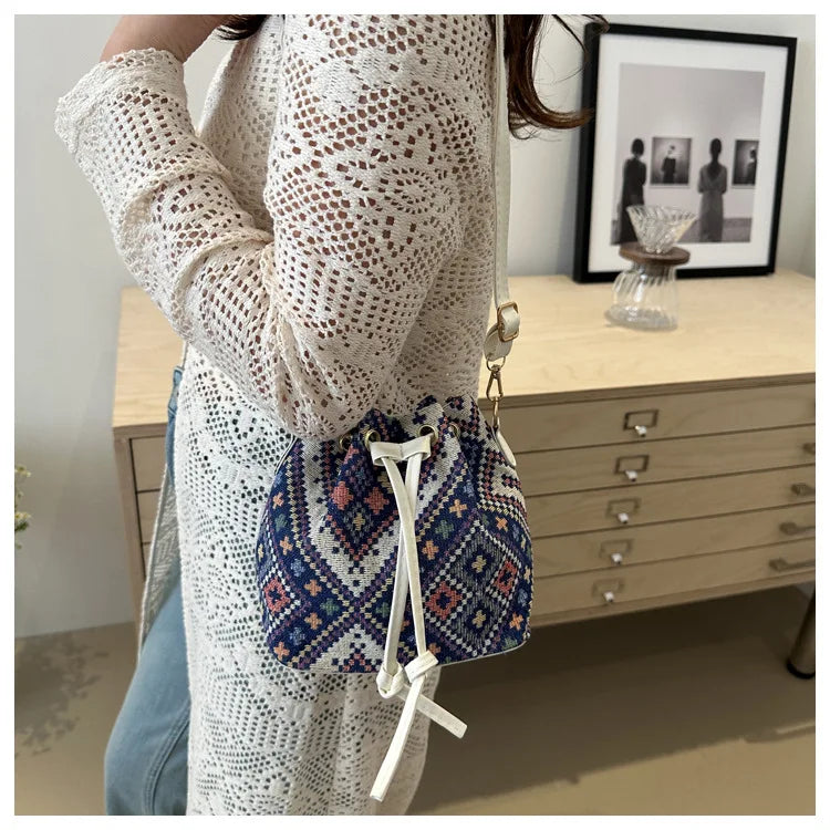 Fashion Linen Fabric Bucket Bag Floral Crossbody Bag
