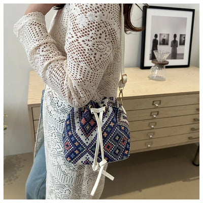 Fashion Linen Fabric Bucket Bag Floral Crossbody Bag