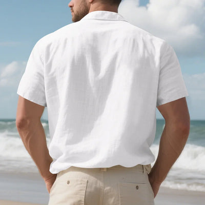 Men's Cotton Linen Short-Sleeved Shirt Summer Solid Color