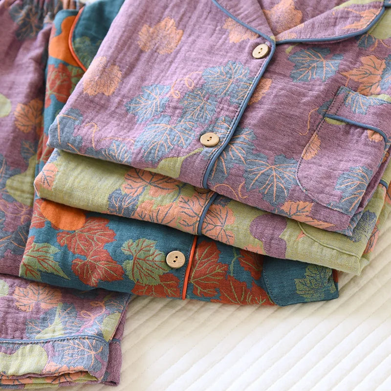 Japanese Spring and Autumn New Women's Pajama Set 100% Cotton Vintage Long Sleeved Pants Two Piece Set for Home Furnishings