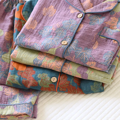 Japanese Spring and Autumn New Women's Pajama Set 100% Cotton Vintage Long Sleeved Pants Two Piece Set for Home Furnishings