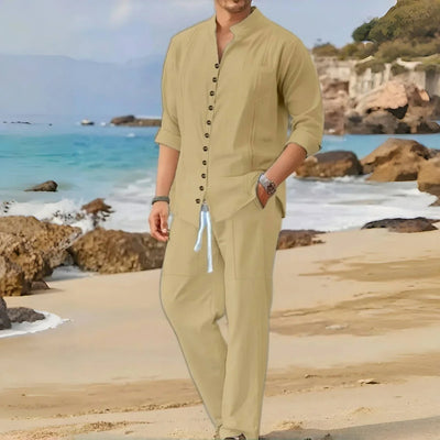 Men's Retro Cotton And Linen Set Long Pants