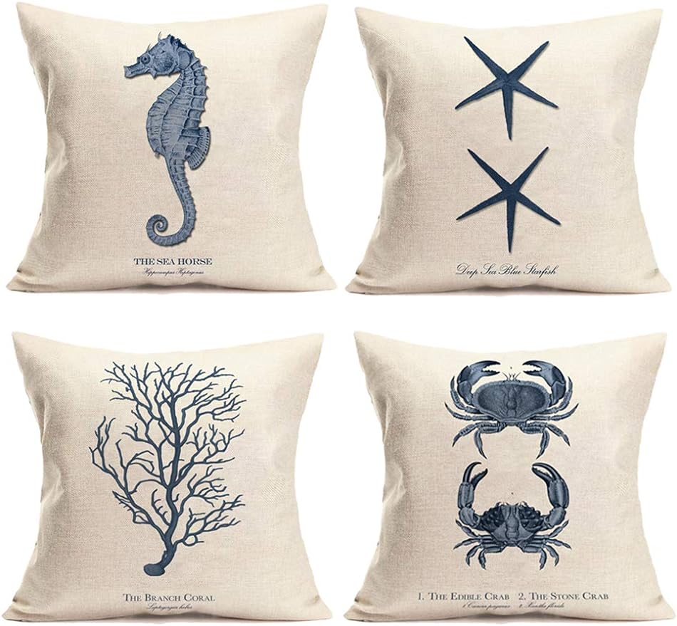 Ocean sailing theme set linen marine life blue pillow case