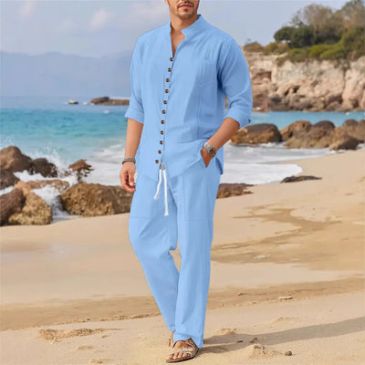 Men's Retro Cotton And Linen Set Long Pants