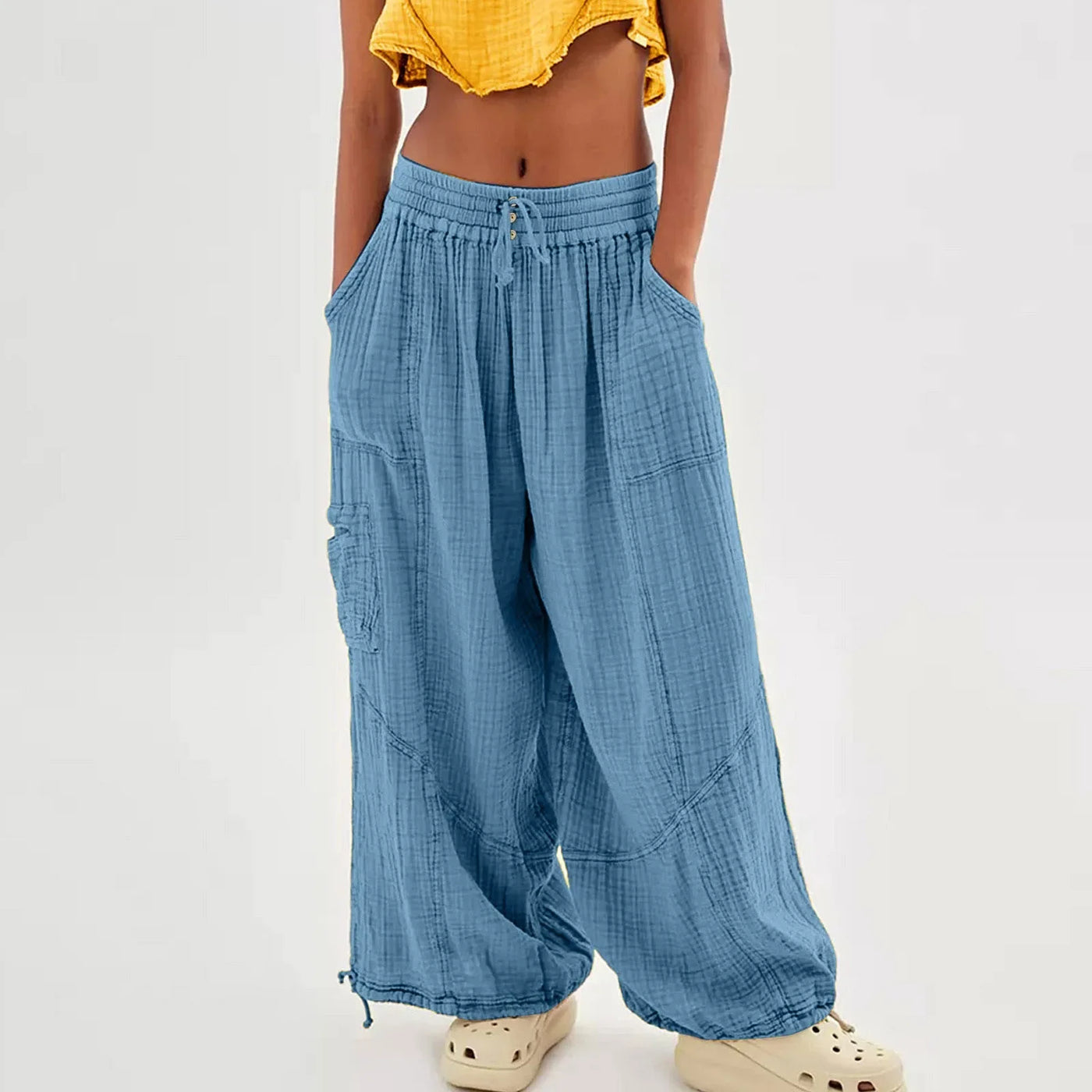 Beach Linen Pants Women Wide Leg Harem Pant High Waist Button Drawstring Palazzo Loose plus Size Pant with Pocket
